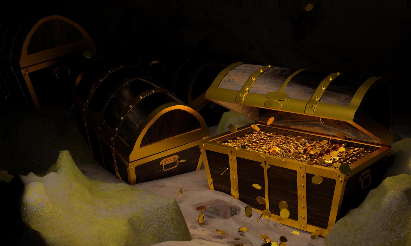 monete d'oro nello scrigno antico e vintage realizzati con pannelli di legno rinforzati con metallo dorato e spille dorate scatole del tesoro posizionate sulla sabbia in una grotta o scrigno del tesoro sott'acqua foto