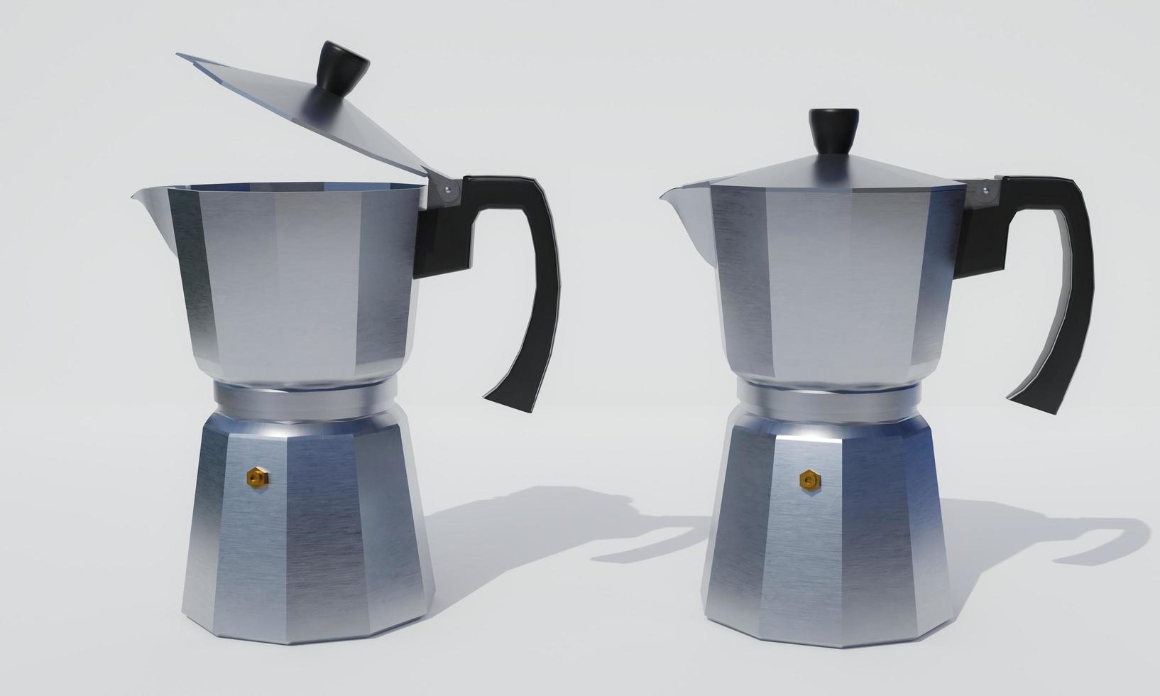 moka portatile per caffè espresso. caffettiera in alluminio. utilizzare con fornelli a gas o fornelli magnetici. sfondo bianco e rendering wallpaper.3d. foto