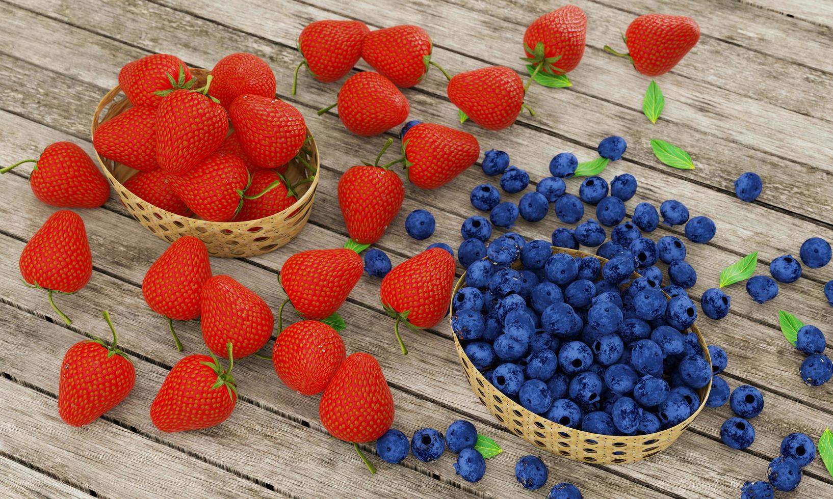 fragole fresche e mirtilli in cesto di bambù. bacche poste sulla superficie del tavolo in legno. frutto a bacca. frutti di bosco freschi nel cestino per mangiare fresco o fare spuntini e bevande. rendering 3D. foto