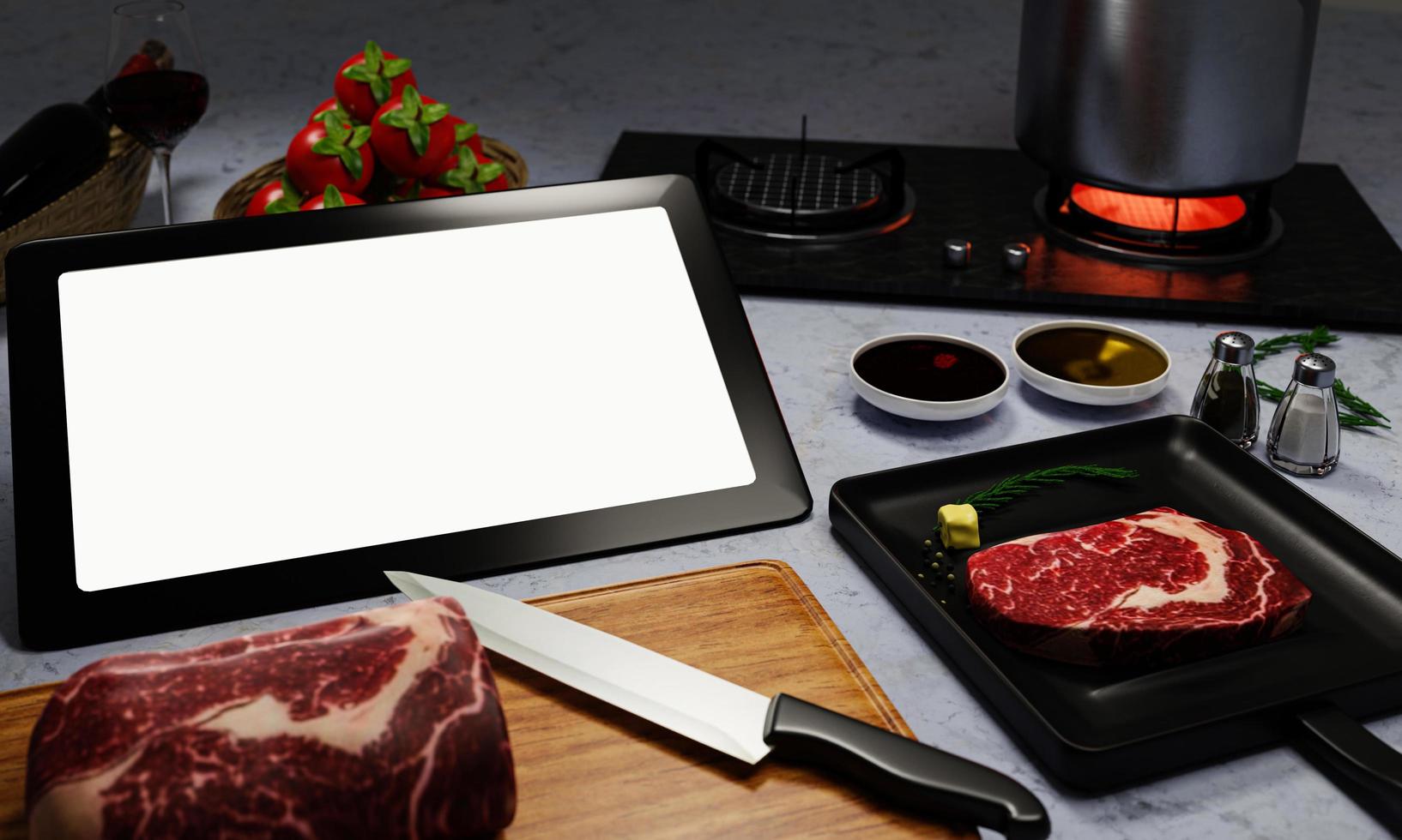 impara a cucinare online. come cucinare cibi e ricette da internet. carne per cuocere la bistecca in padella. c'è burro e pepe. computer o tablet per studiare online in cucina. rendering 3D foto