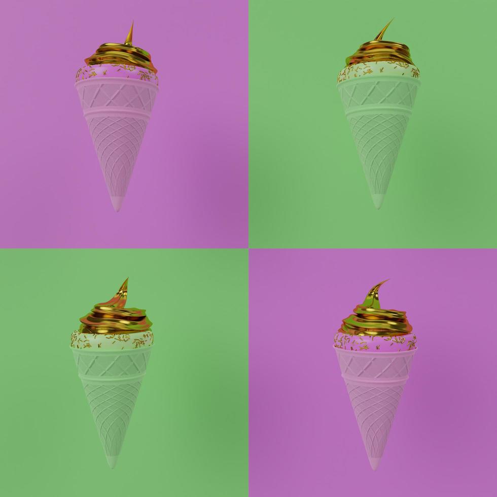 cono gelato verde lime e rosa senza cuciture. cialde croccanti e consistenza rosa del gelato. ripieno di gelato dorato ricoperto di spolverata di zucchero dorato. gelato su sfondo rosa. rendering 3D foto