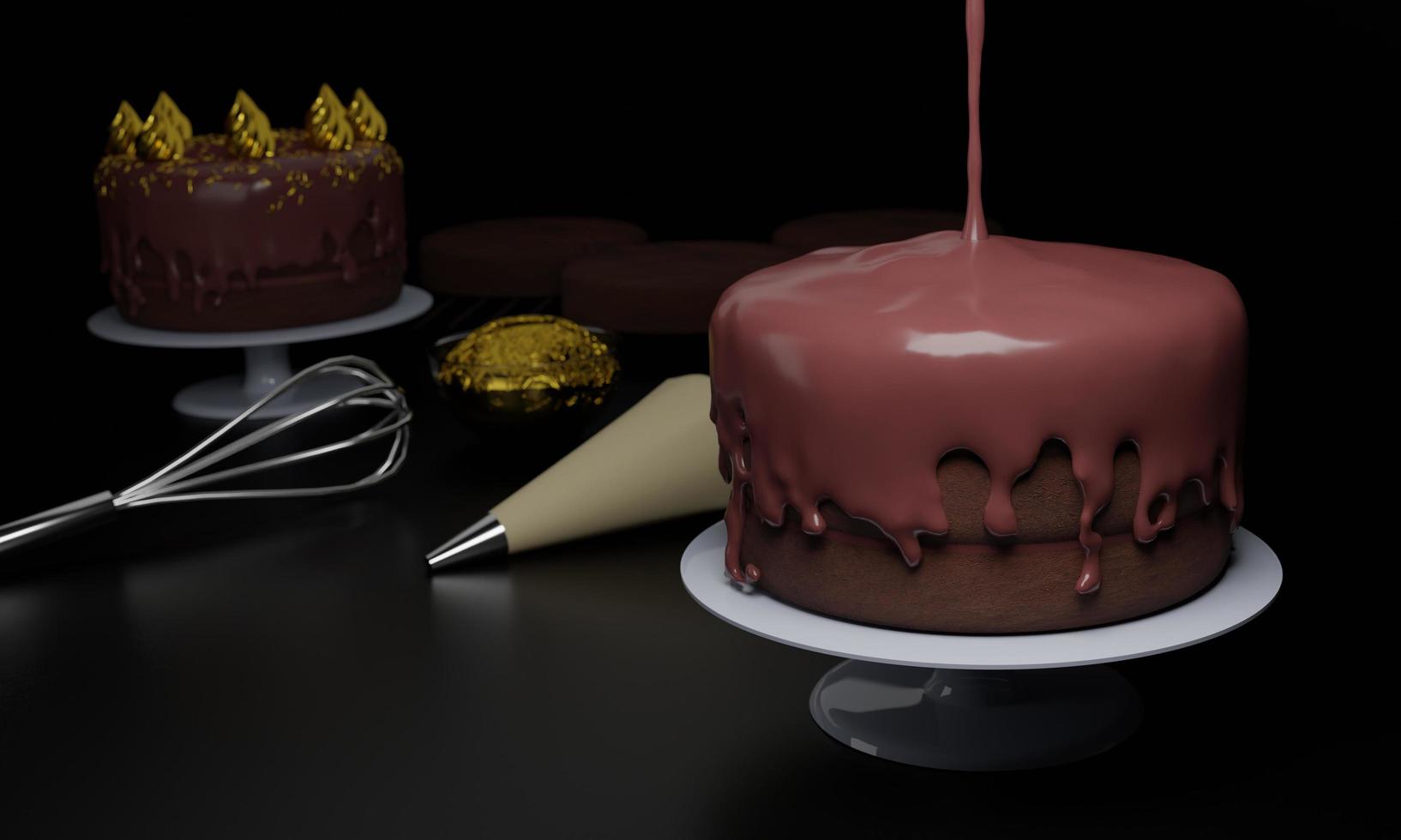 il processo di realizzazione di 3 strati di morbida torta al cioccolato. versare la salsa al cioccolato sul pan di spagna. sfocare l'attrezzatura per fare la torta e la torta in attesa di essere versata sulla salsa. rendering 3D foto