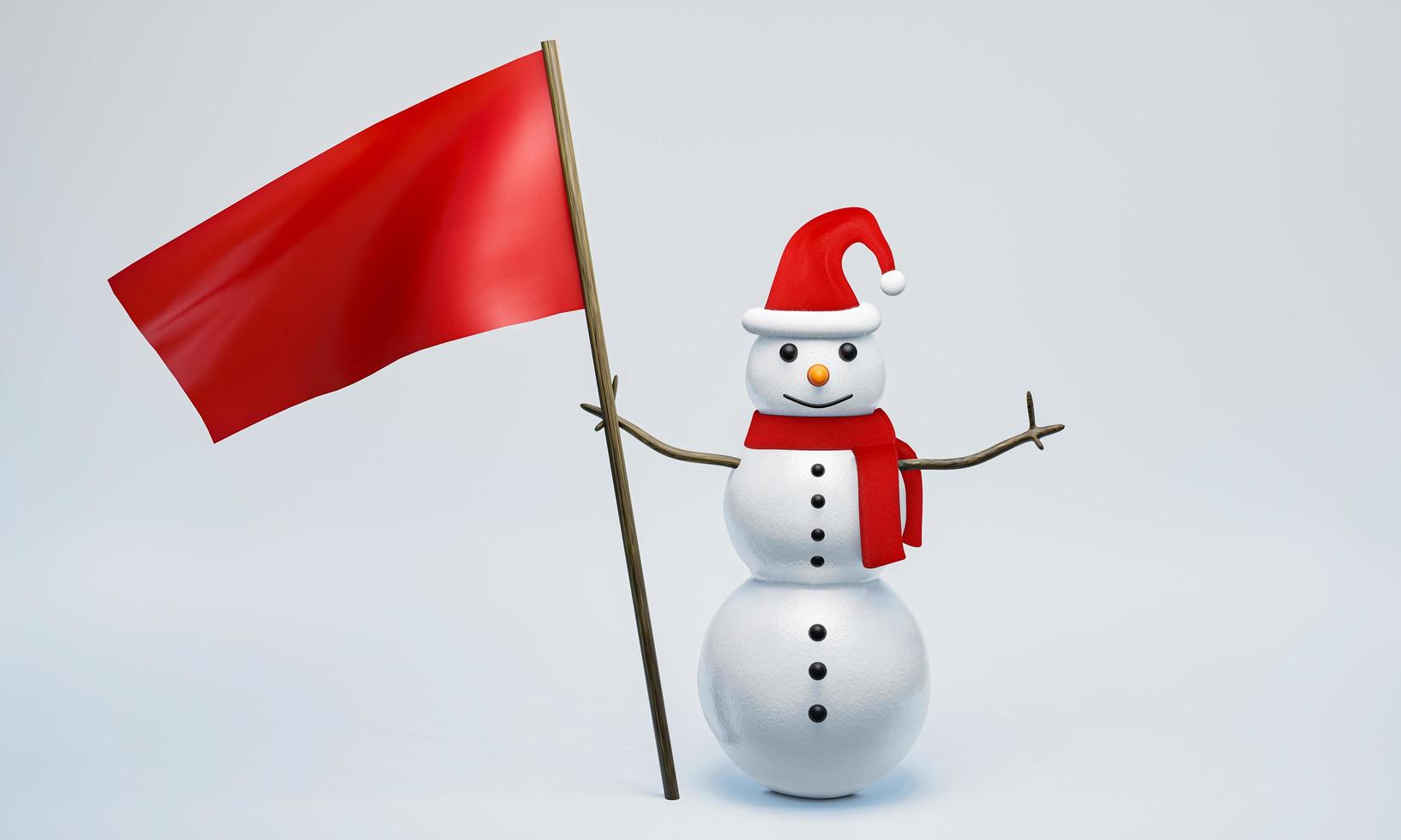 pupazzo di neve che indossa cappelli di lana rossa con pelliccia bianca. avvolgilo con una sciarpa rossa. braccia realizzate con rami appoggiati a terra e carta da parati bianca. rendering 3D. foto