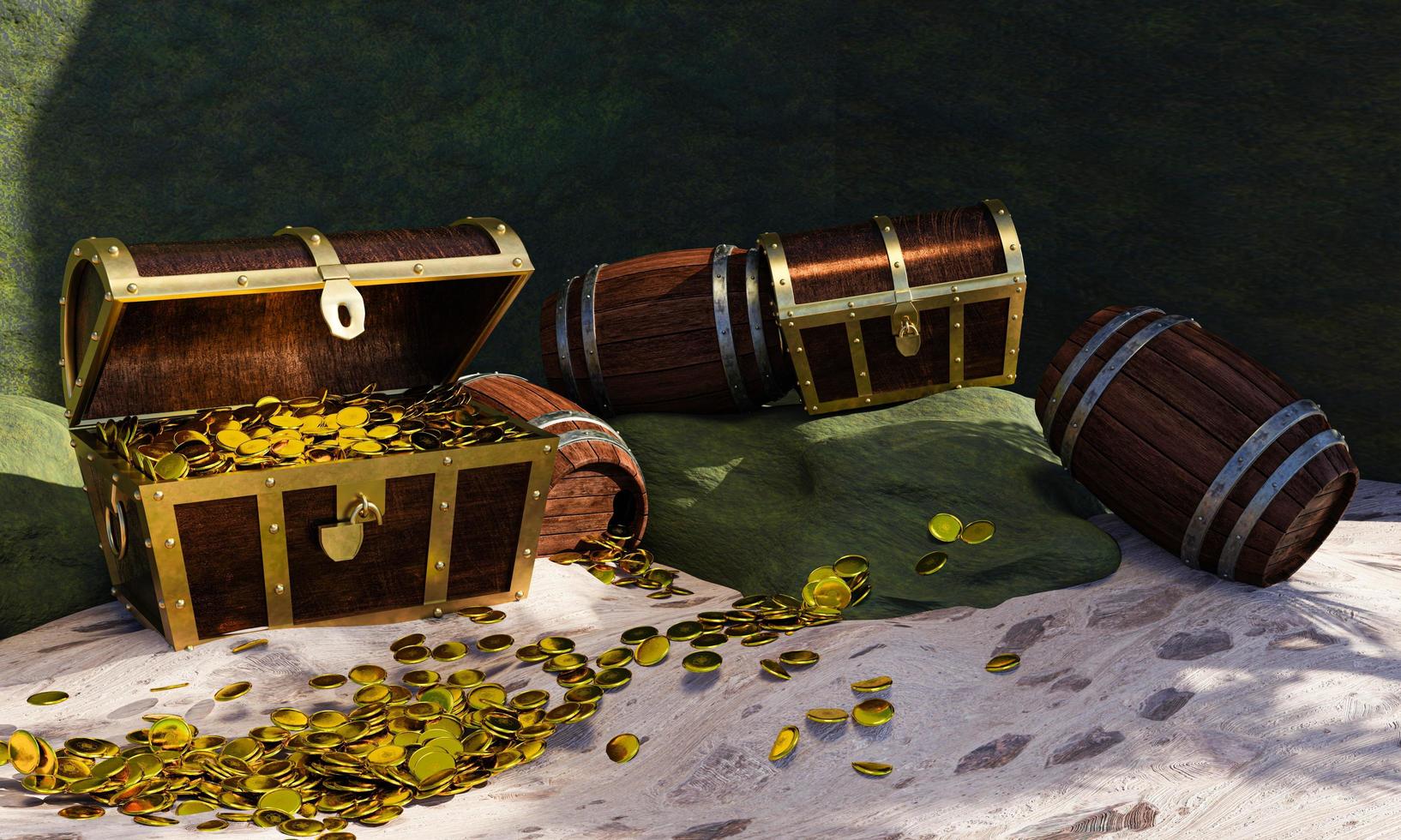 le monete d'oro sono sparse da scatole o forzieri. scrigno del tesoro in legno messo sulla spiaggia di un'isola deserta nel tema del tesoro dei pirati. rendering 3D foto