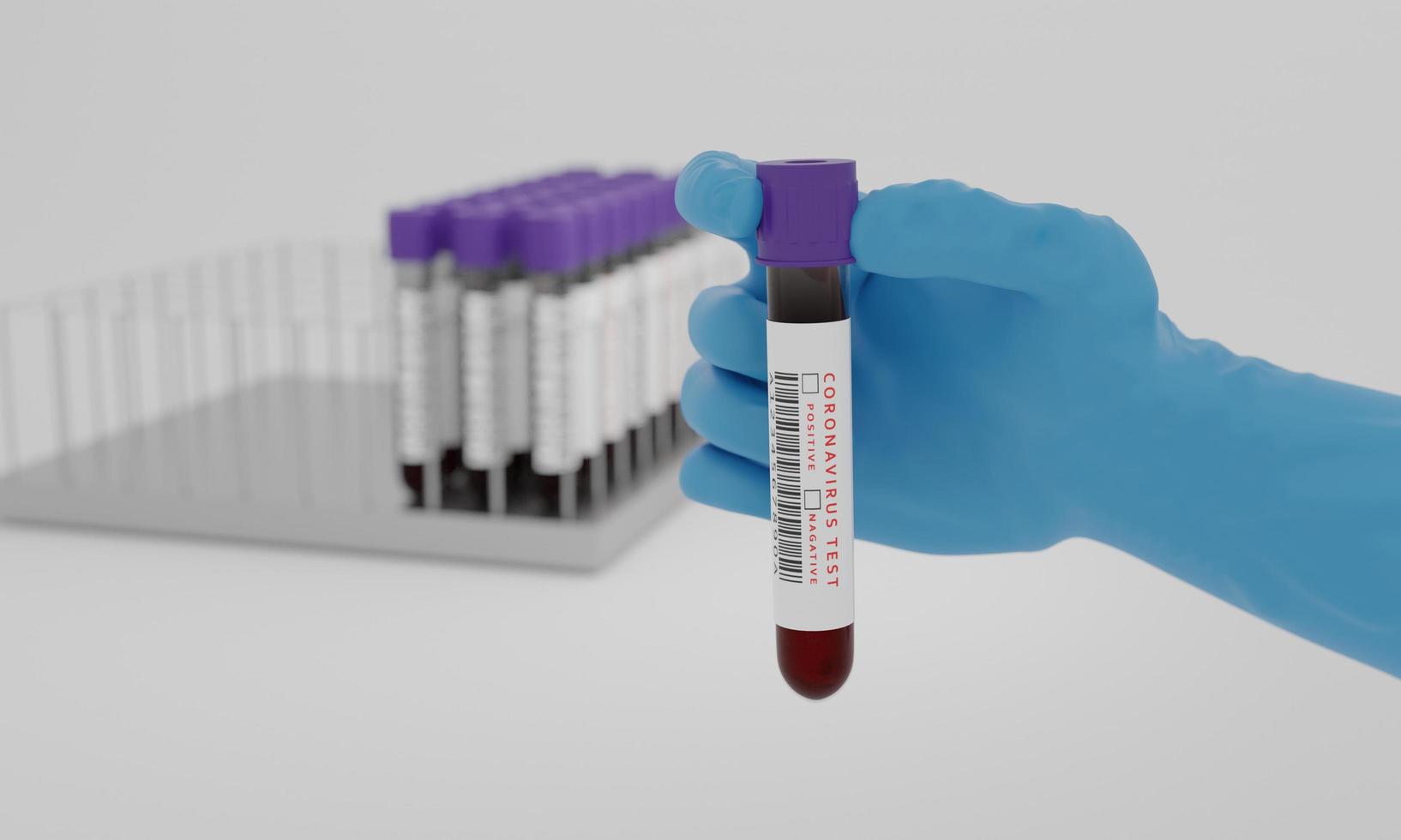 provette con etichetta del test del sangue e del coronavirus isolata su sfondo bianco. concetto per testare il virus corona. rendering 3D. foto