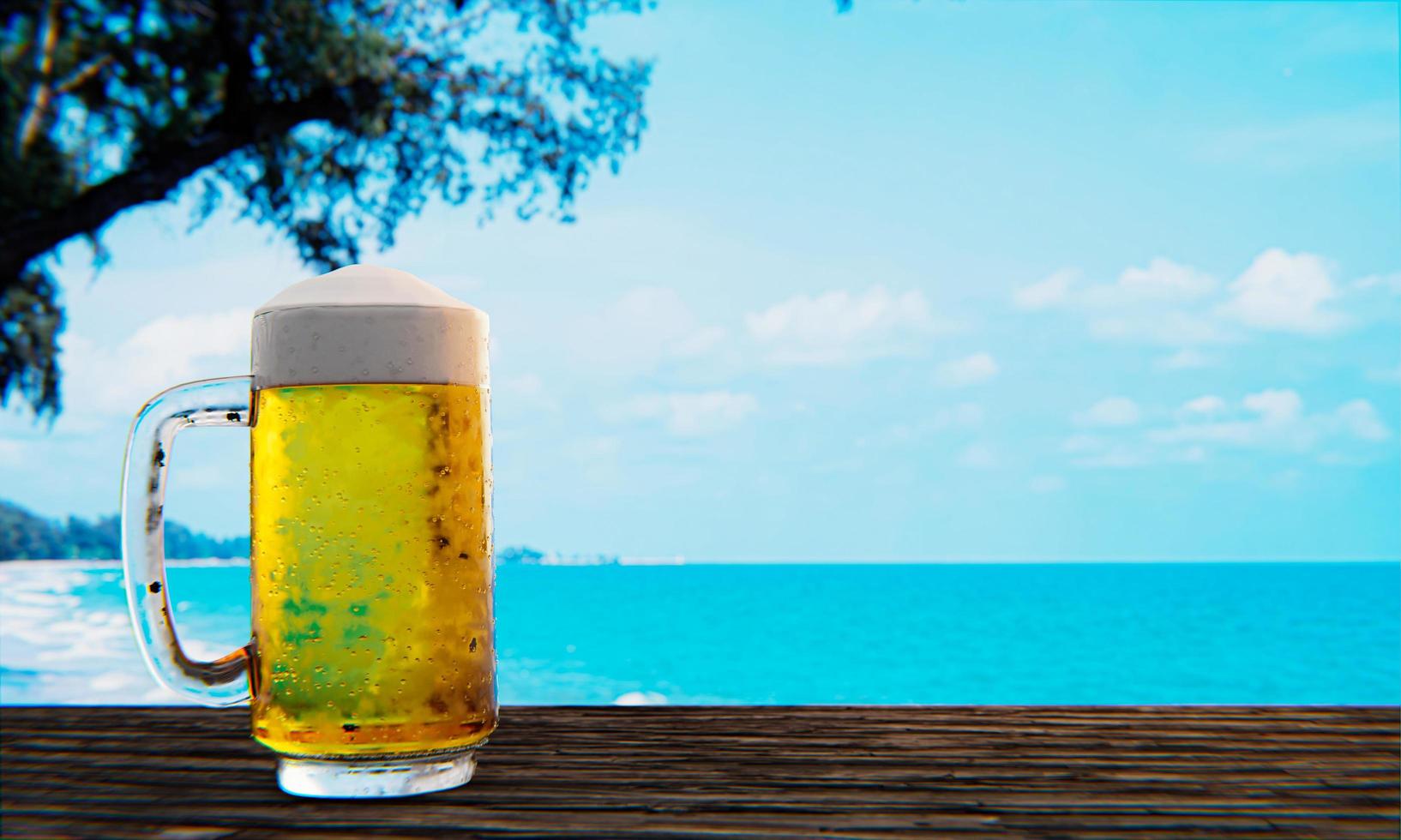 birra alla spina o artigianale in un bicchiere alto trasparente con schiuma di birra sulla parte superiore e ci sono bolle nel bicchiere. birra fredda in un bicchiere, posta su un tavolo di legno sulla spiaggia, il mare durante il giorno. rendering 3D foto