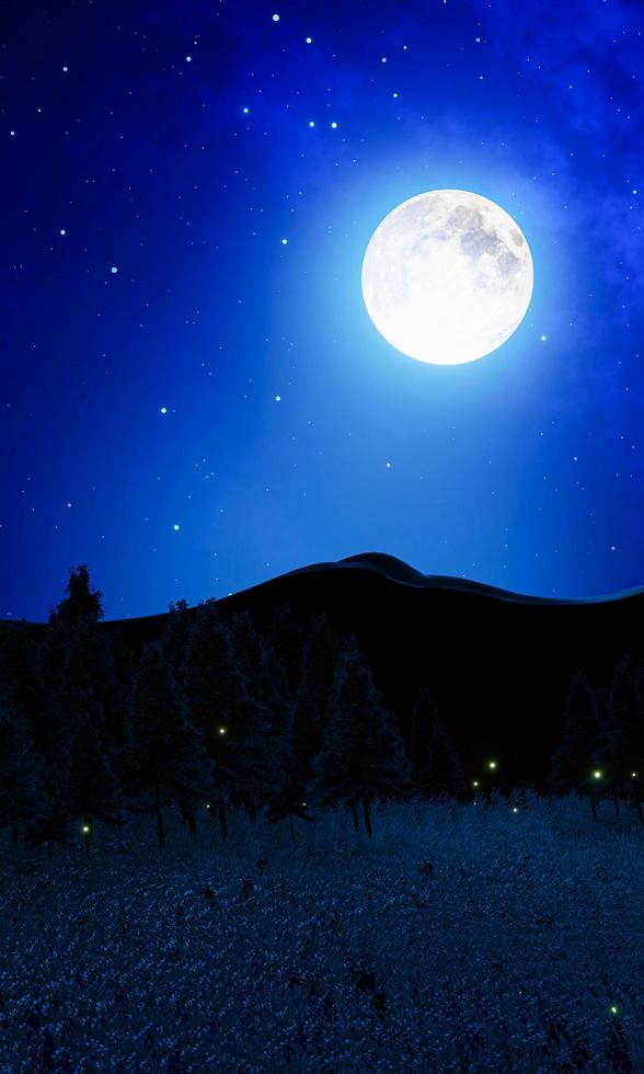 ampie praterie con pini e montagne sullo sfondo si alternano. notte di luna piena le stelle luminose riempiono il cielo. paesaggio montano notturno con lucciole che volano sopra la terra. rendering 3D foto