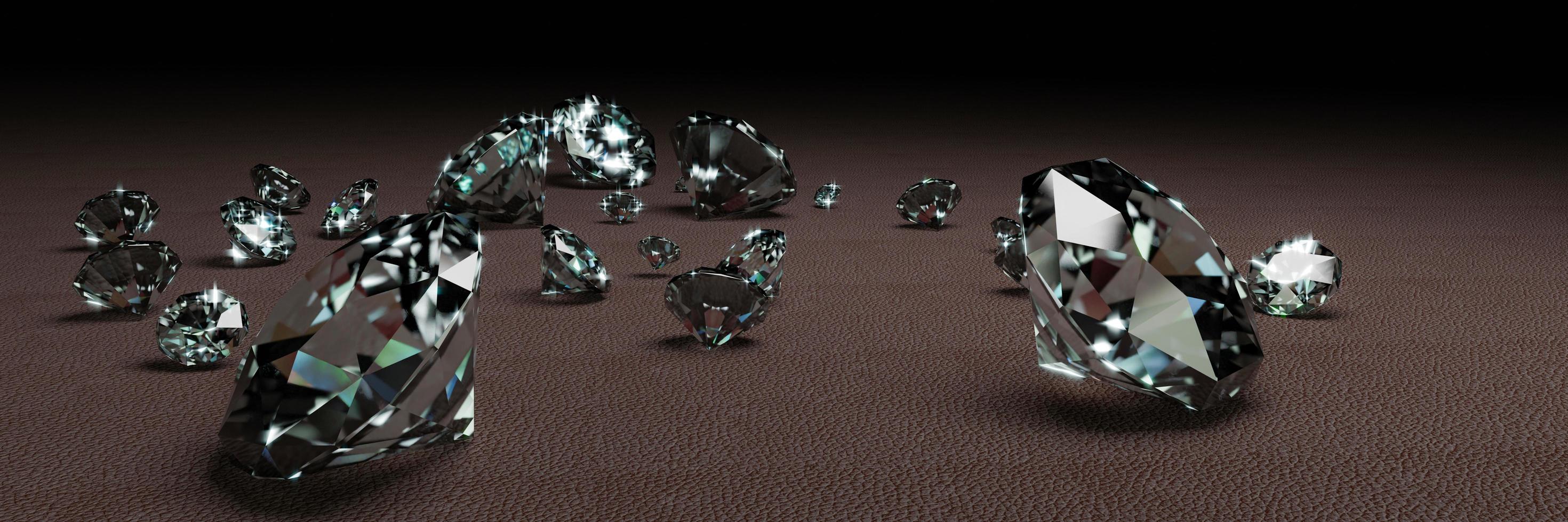 Rendering 3D di diamanti di molte dimensioni su superficie grigio scuro foto