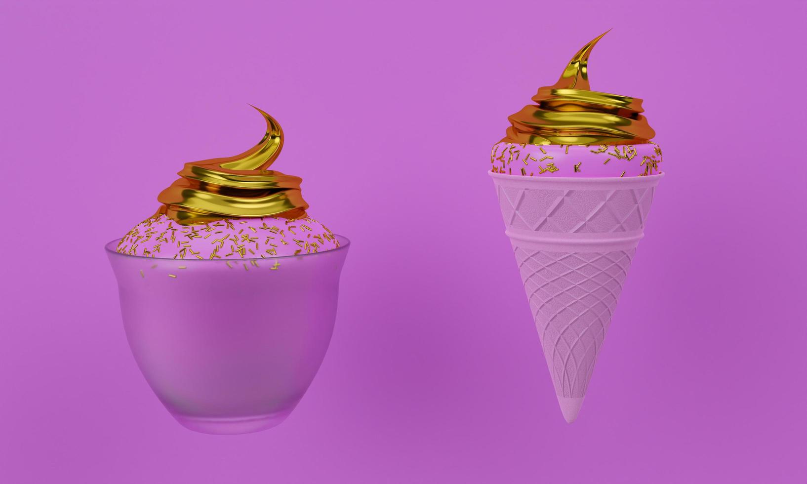 cono gelato rosa. cialde croccanti e consistenza rosa del gelato. ripieno di gelato dorato ricoperto di spolverata di zucchero dorato. gelato su sfondo rosa. rendering 3D foto