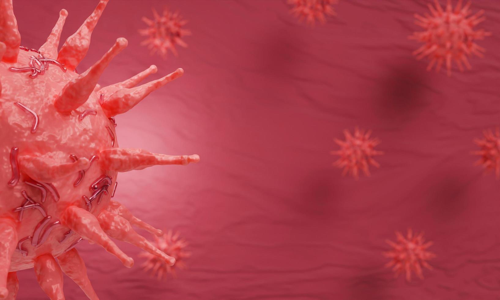 un'immagine del virus o un modello rosso del coronavirus covid-19. il concetto di un virus diffuso su uno sfondo rosso e accidentato. rendering 3D foto