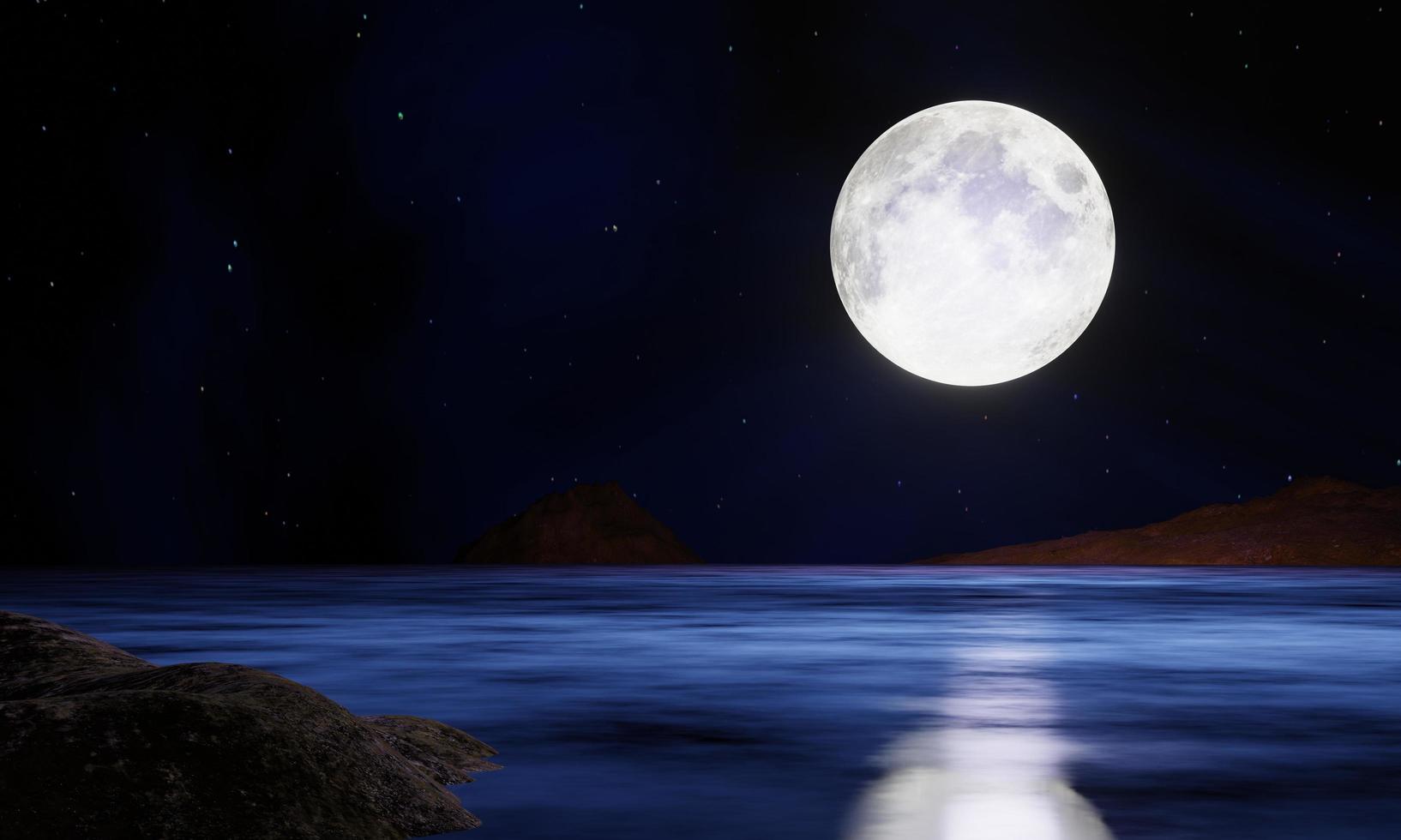 la luna piena blu si riflette nel mare. un'ondata d'acqua dall'oceano all'isola. il cielo ha molte stelle. increspature del mare di notte. rendering 3D foto