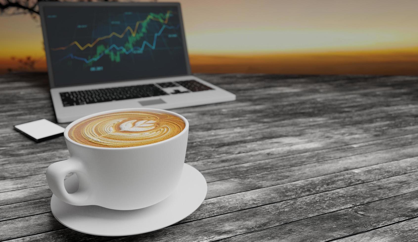 superficie in legno e tavolo da scrivania in plancia con computer portatile, tazza di caffè latte art e smartphone. vista dall'alto con spazio per la copia, disposizione piatta. rendering 3D. foto