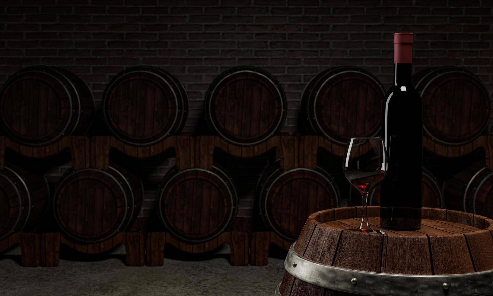 bottiglia di vino rosso e vetro trasparente con vino rosso messo su un serbatoio di fermentazione del vino con molti serbatoi di fermentazione del vino posti vicino al muro di mattoni rossi. rendering 3D foto