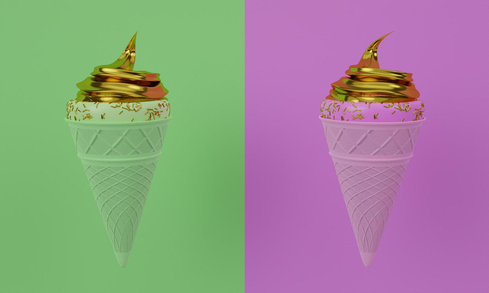 cono gelato verde lime e rosa. cialde croccanti e consistenza rosa del gelato. ripieno di gelato dorato ricoperto di spolverata di zucchero dorato. gelato su sfondo rosa. rendering 3D foto