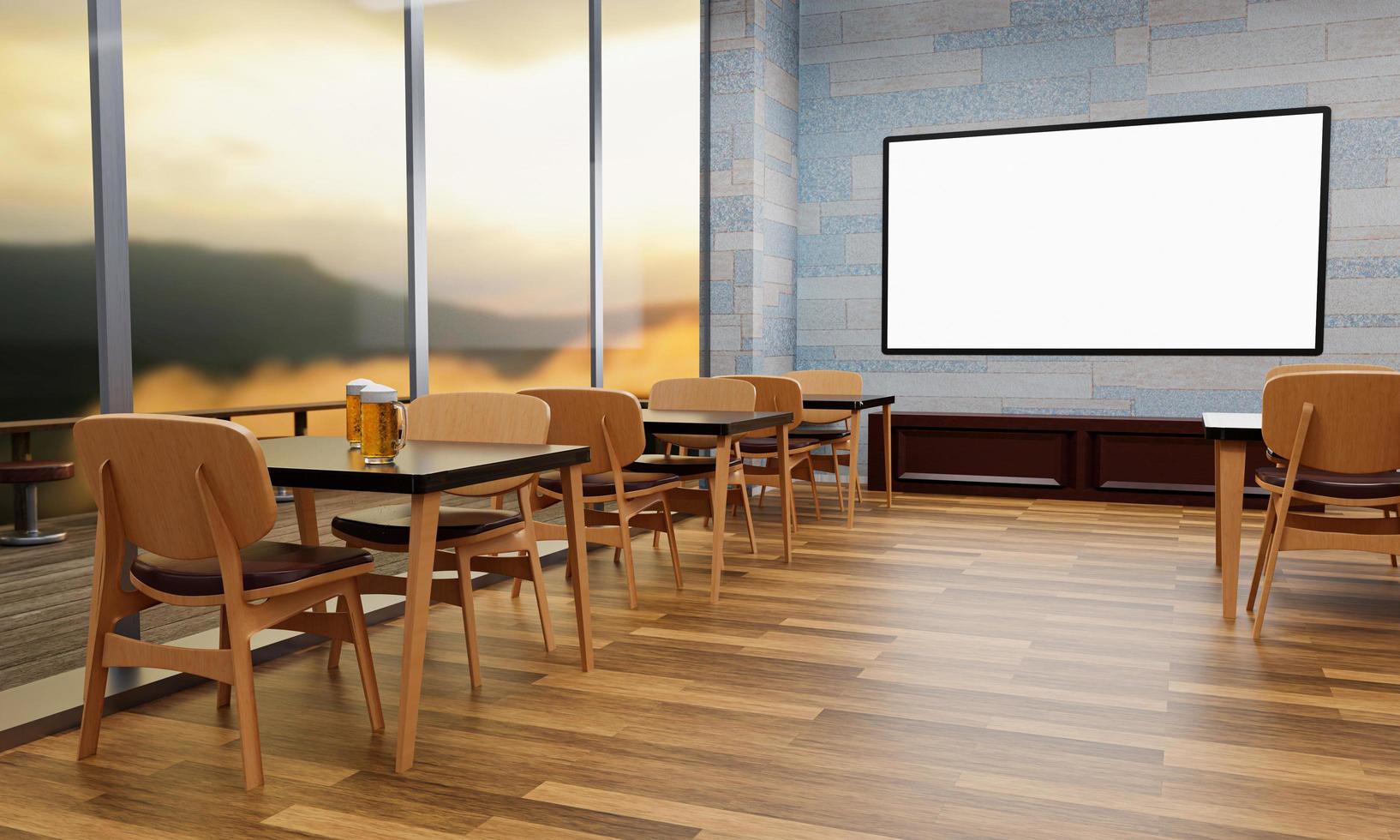 un grande schermo TV montato su una parete in un ristorante o in una caffetteria. una grande tv al plasma in un ristorante. birra fresca in un bicchiere trasparente sul tavolo da pranzo. rendering 3D. foto