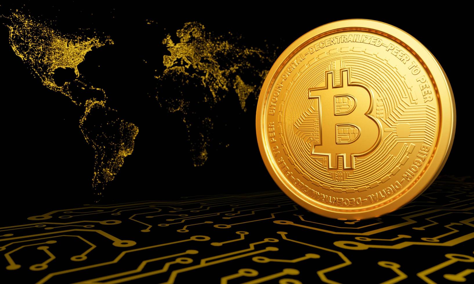 moneta d'oro simbolo di valuta digitale bitcoin criptovaluta cambio di valuta digitale affari. internet in linea. bitcoin sulla superficie del circuito elettronico. sfondo nero. rendering 3D foto