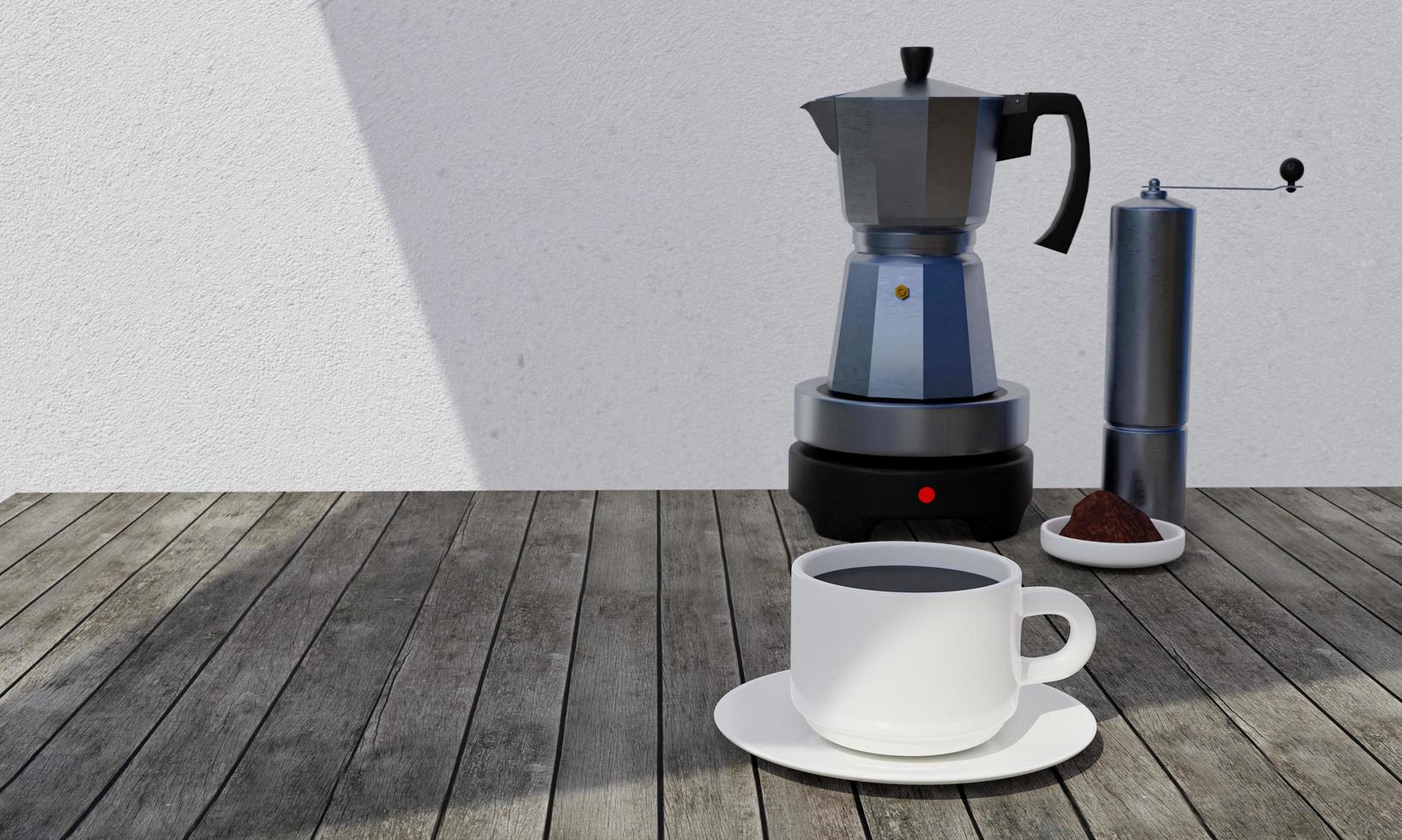 moka portatile per caffè espresso. caffettiera in alluminio. utilizzare con fornelli a gas o fornelli magnetici. parete in gesso bianco e tavolo in legno. tazza e piatto bianchi. rendering 3D. foto