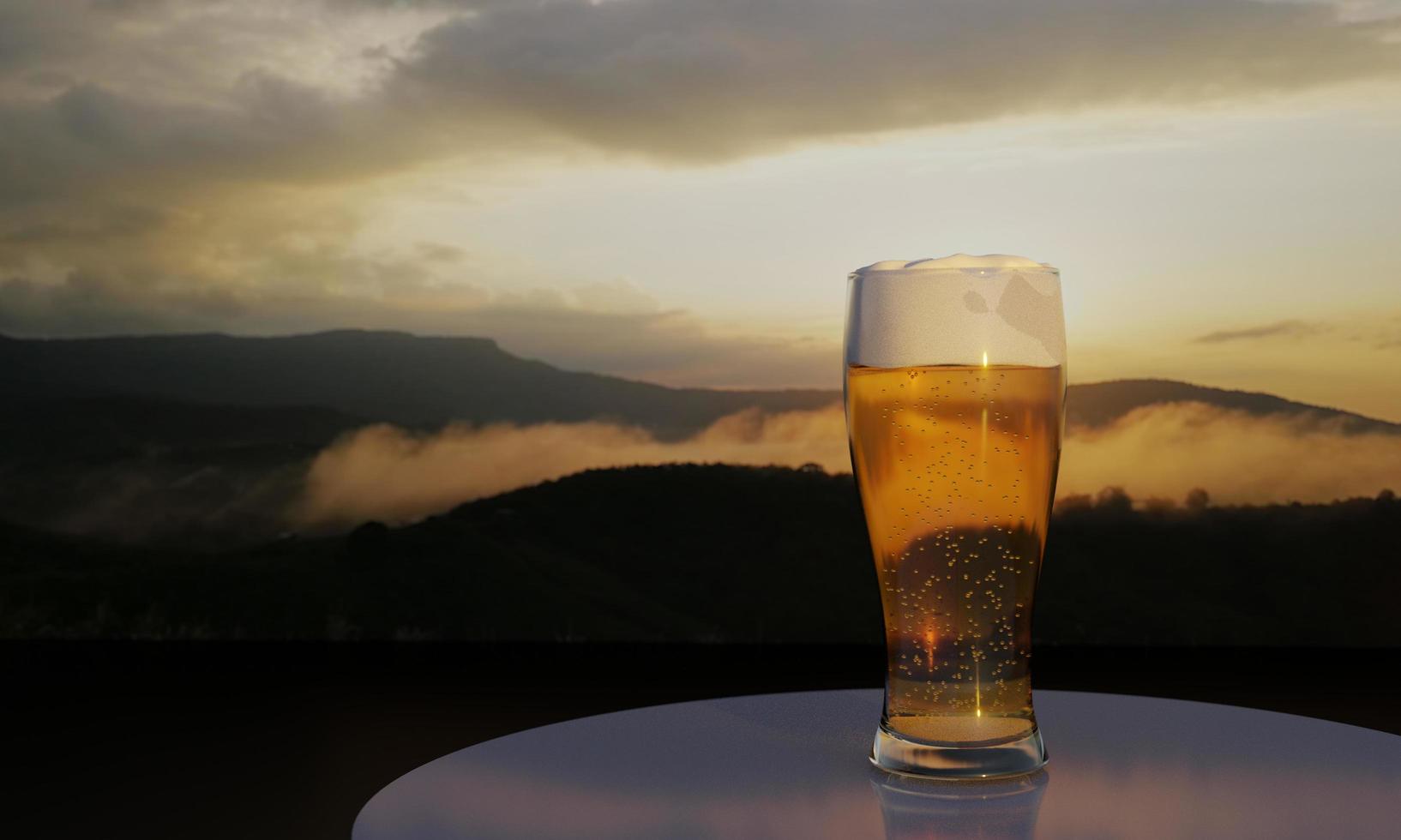 Rendering 3d di birra in vetro e vista sulle montagne sullo sfondo con tramonto e nebbia sulla collina in cima. foto