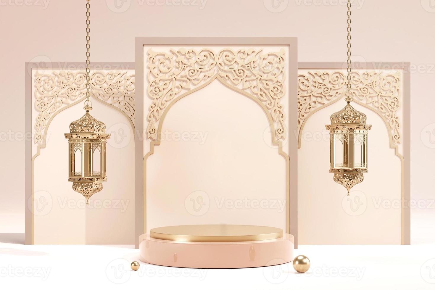 sfondo islamico della decorazione del podio con moschea, lanterna, stile cartone animato a mezzaluna, ramadan kareem, mawlid, iftar, isra miraj, eid al fitr adha, muharram, illustrazione 3d. foto