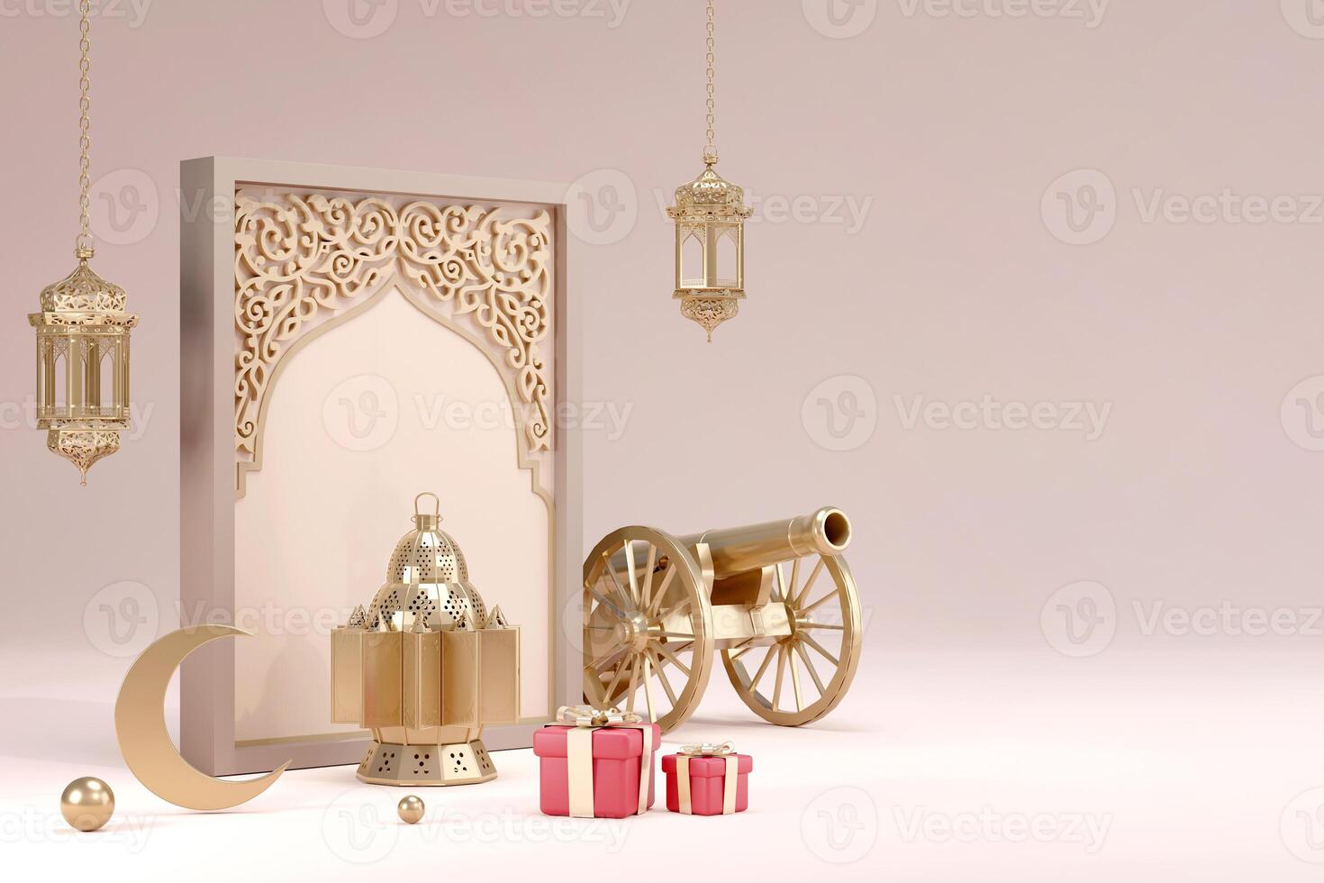 sfondo islamico della decorazione del podio con moschea, lanterna, stile cartone animato a mezzaluna, ramadan kareem, con telescopio, mawlid, iftar, isra miraj, eid al fitr adha, muharram, illustrazione 3d. foto