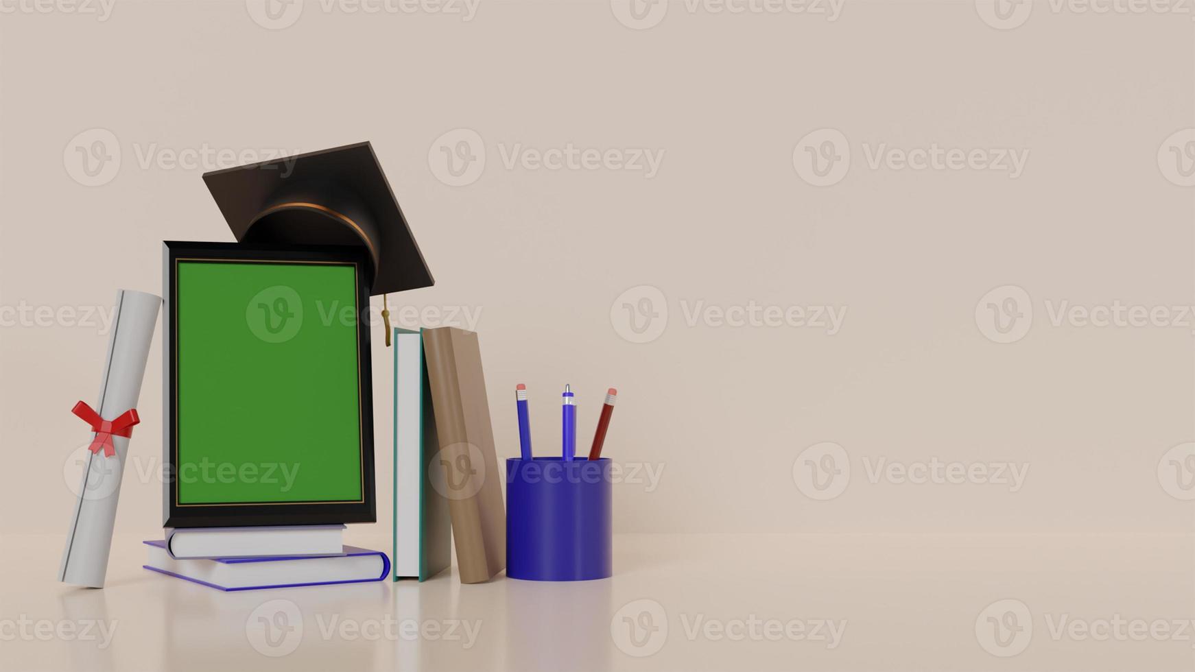 cornici per foto mockup per congratulazioni di laurea con libri e abiti, illustrazione di rendering 3d