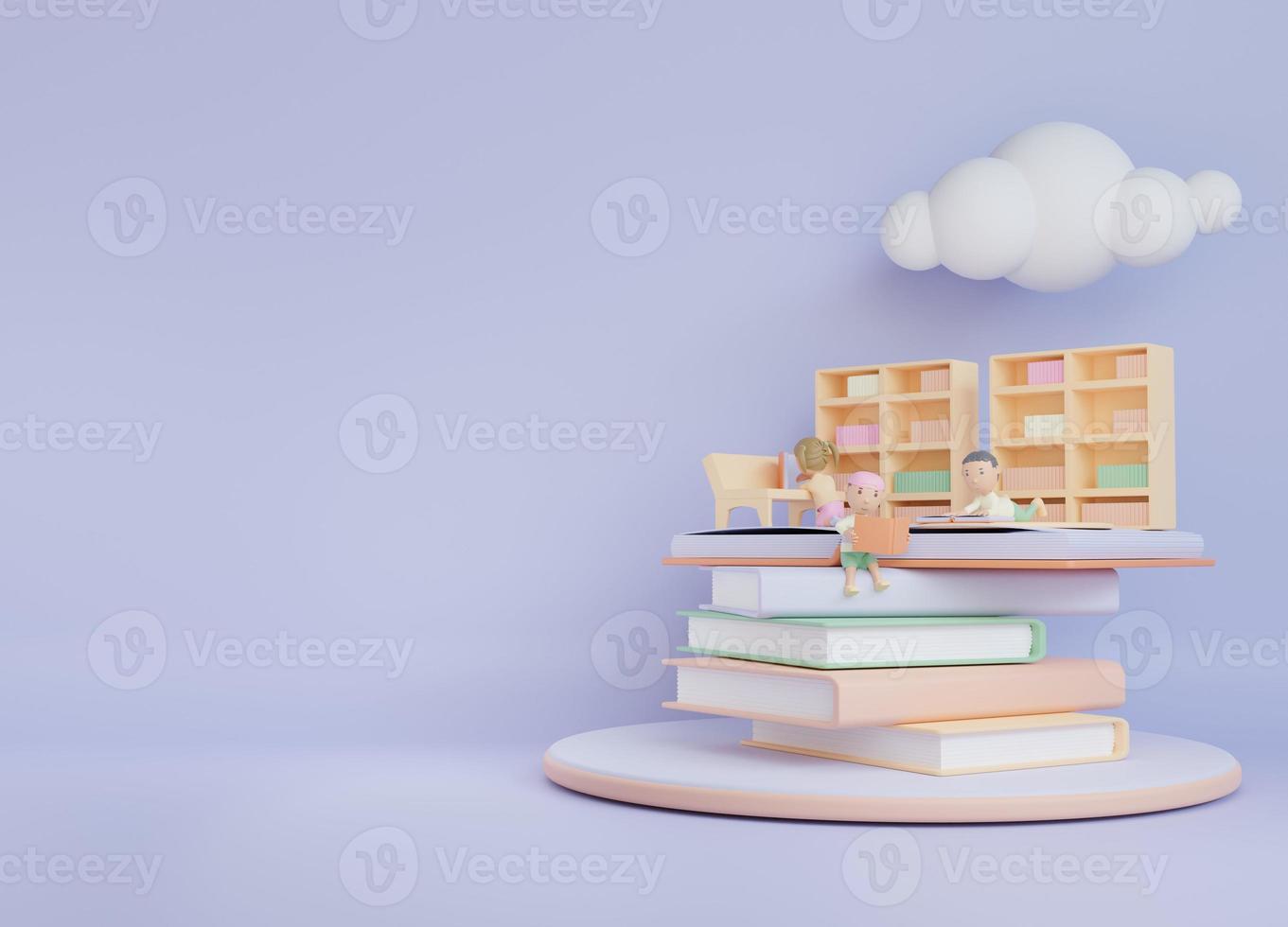 3d bambini libro illustrazione sfondo con il bambino letto in biblioteca foto