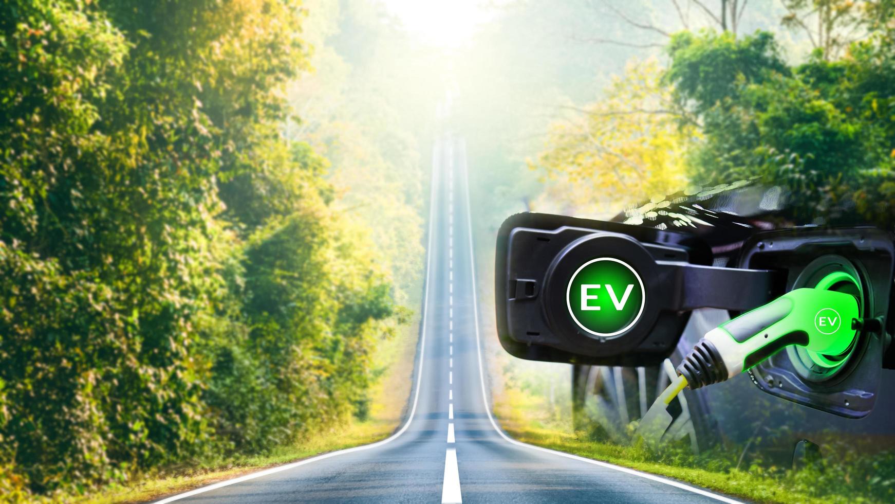 carica ev auto elettrica tecnologia ibrida. guidare l'energia pulita sulla natura viaggiare con l'icona illustrazione ev veicolo elettronico sfocatura dello sfondo futuro verde eco auto rispettoso dell'ambiente concetto di alimentazione foto