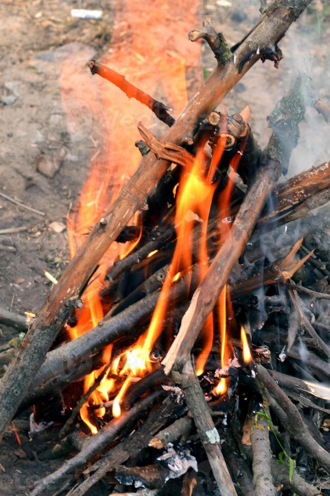 falò con legna da ardere in fiamme fiancheggiata da una piramide foto