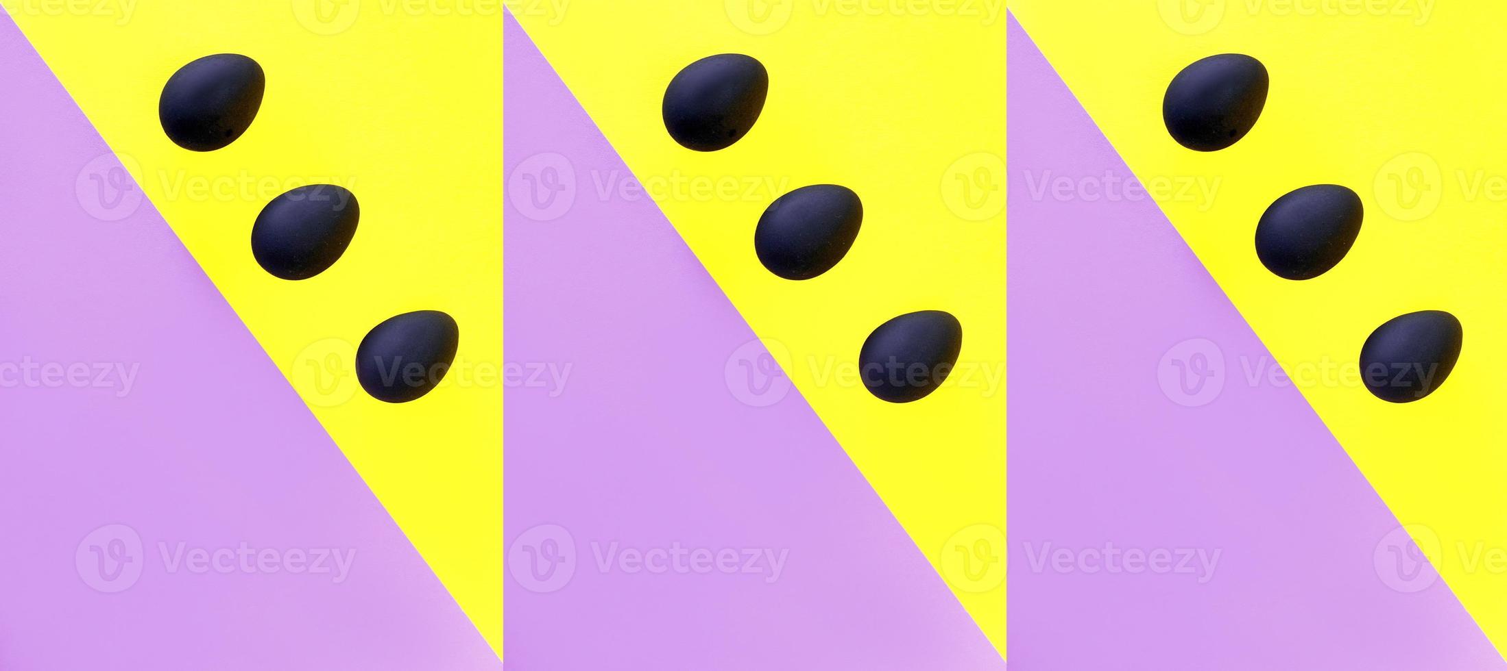 uova nere su sfondo giallo e viola. pasqua, diversità, geometrico, modello, concetto di cibo foto