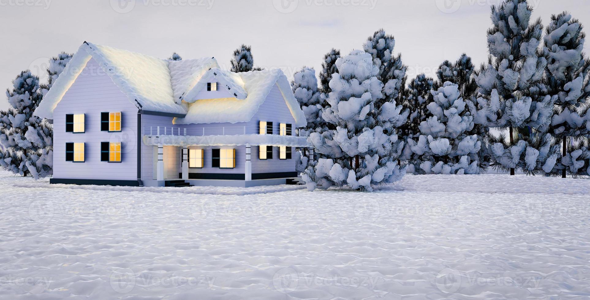 buon natale festival con neve e albero di natale e casa sulla neve foto