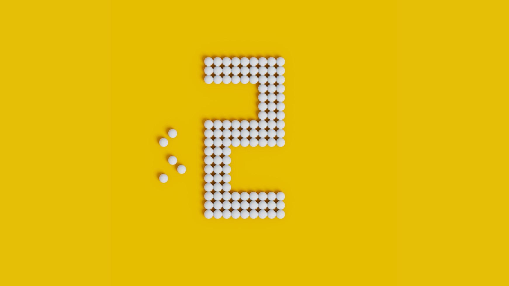 Rendering 3d del testo di numerazione utilizzando lo stile della sfera 3d. con combinazione di colori bianco e giallo. Arte voxel 3d di un numero con stile sfera foto