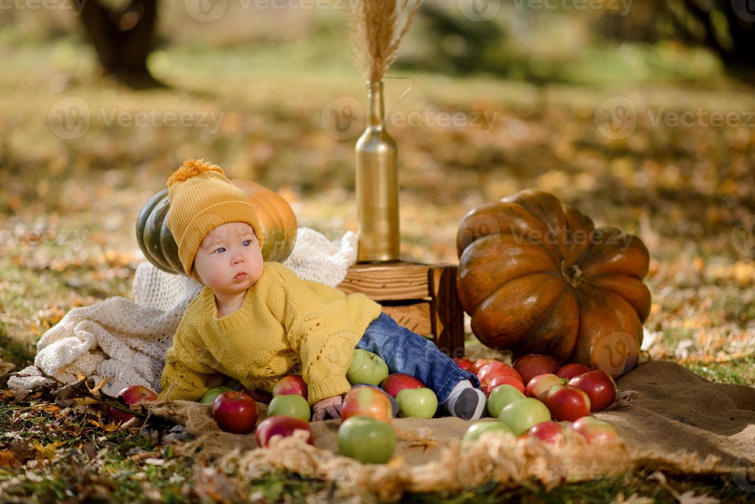 bambina sveglia che si siede sulla zucca e che gioca nella foresta di autunno foto