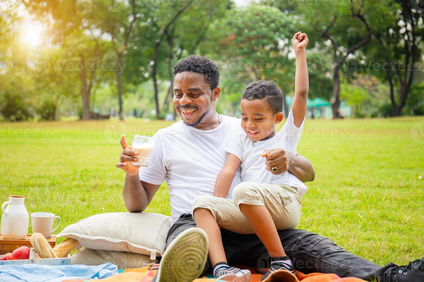 allegro padre e figlio afroamericani che fanno un picnic nel parco, concetti di famiglia di felicità foto