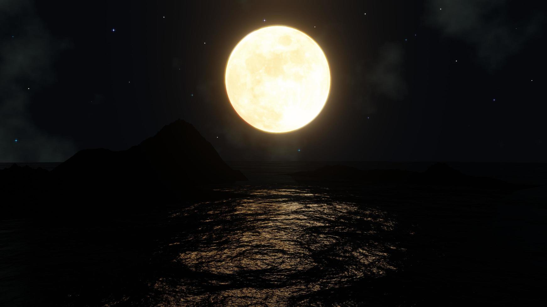 la luna piena splendeva in mezzo al mare e c'era un riflesso nel mare. rendering 3D foto