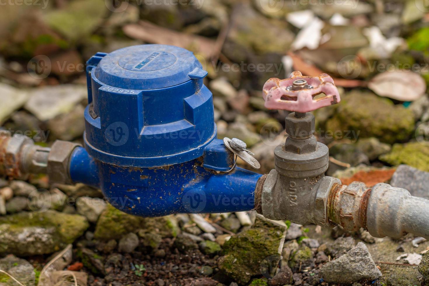 un rubinetto blu ferma nell'angolo di un giardino, usato per controllare il flusso dell'acqua nel giardino, l'acqua è una necessità della vita foto