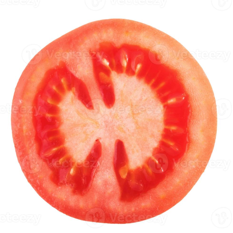fetta di pomodoro isolata su sfondo bianco, vista dall'alto foto