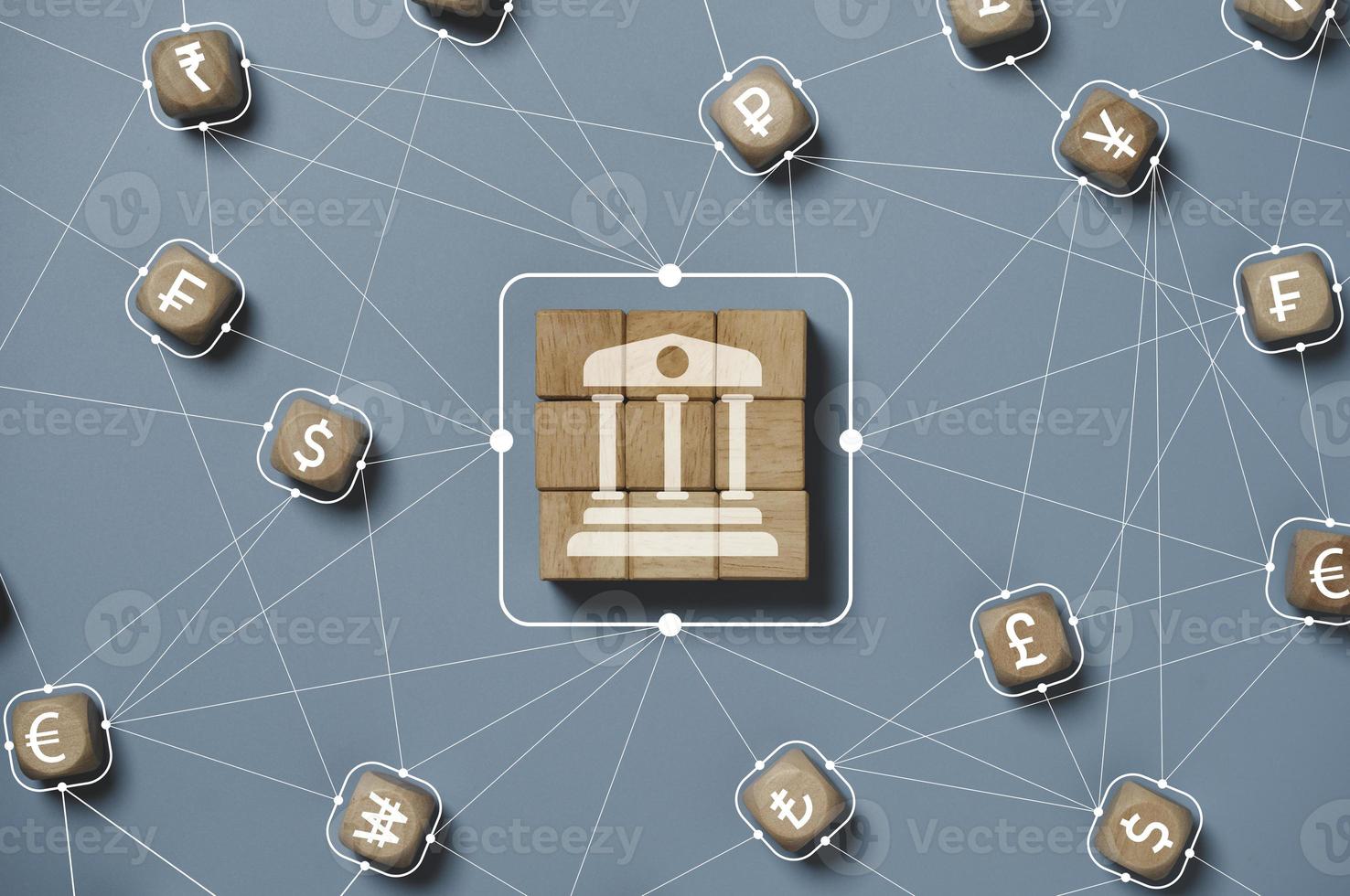 l'icona della banca centrale collega il collegamento con il segno di valuta include il dollaro statunitense, lo yen, lo yuan e la sterlina per lo scambio di denaro globale e il trasferimento o il concetto di forex. foto