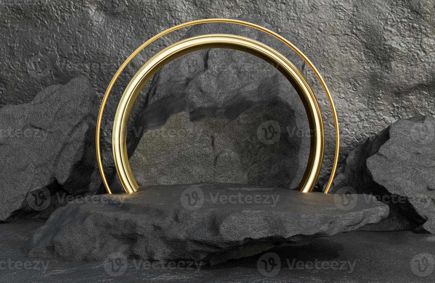 podio in pietra nera per la presentazione del prodotto e arco d'oro su sfondo di muro di pietra in stile lussuoso.,Modello 3d e illustrazione. foto