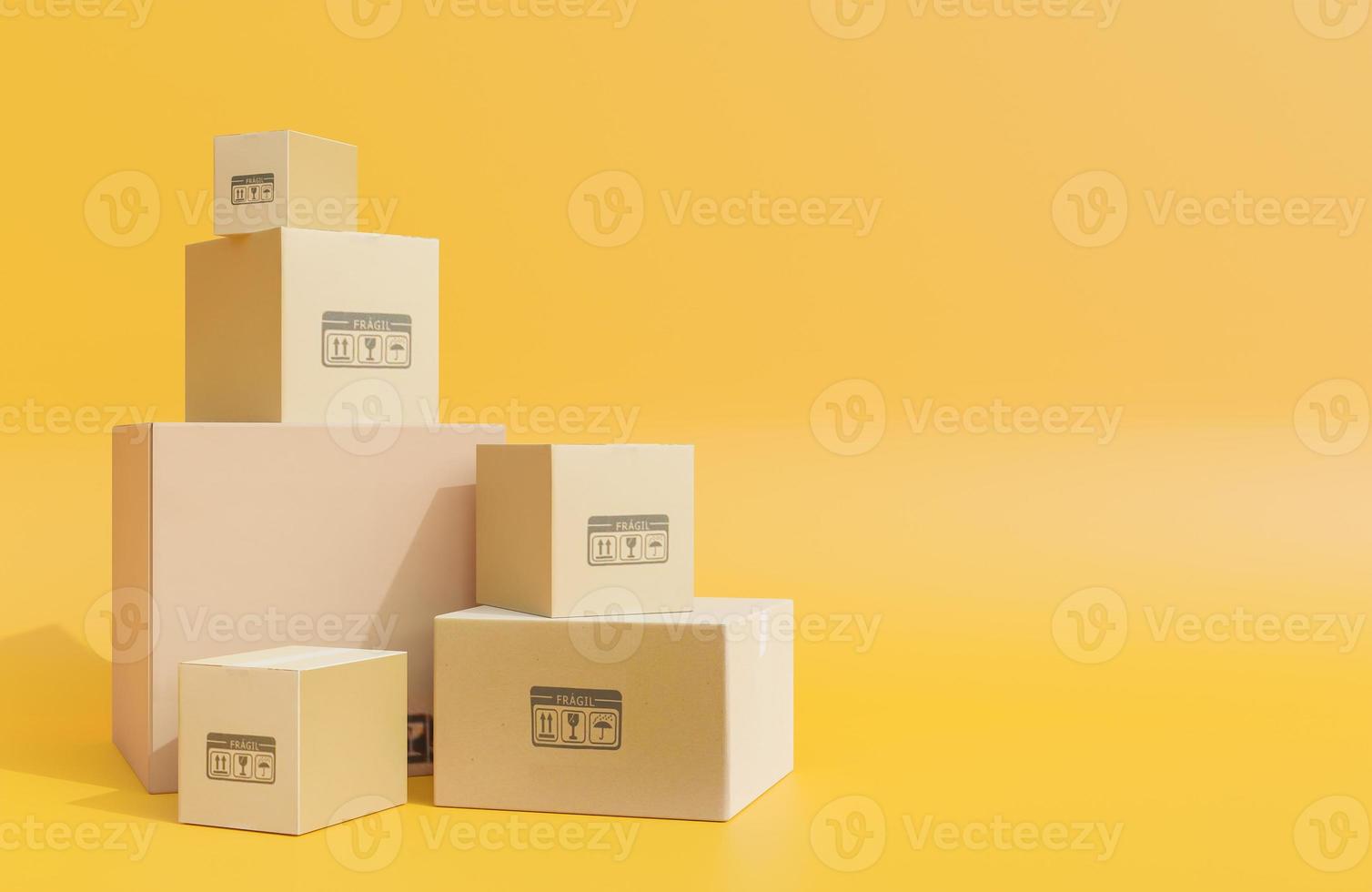 mucchio di scatole di cartone per la consegna di merci, pacchi su sfondo giallo.,Modello 3d e illustrazione. foto