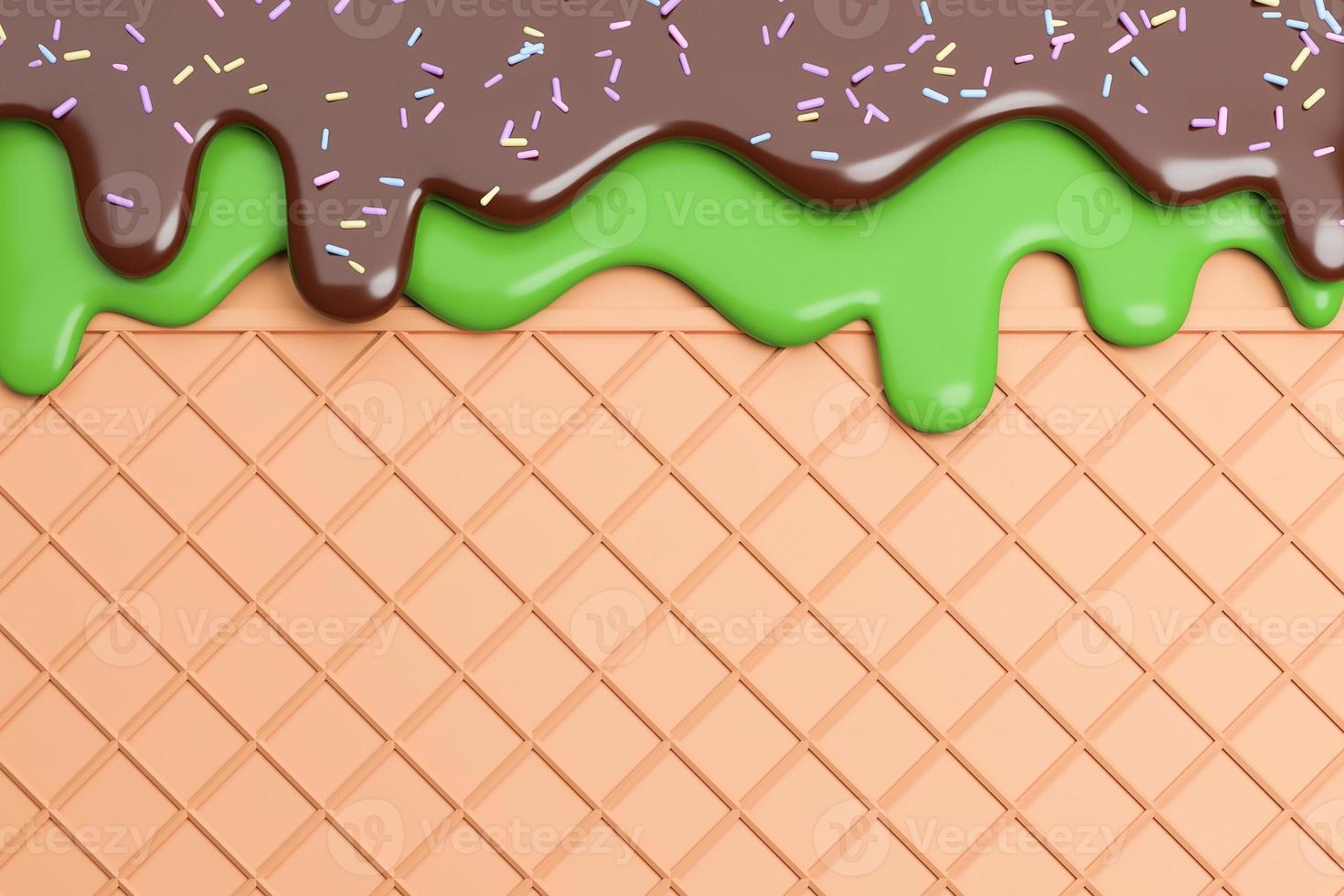 gelato al tè verde e cioccolato fuso su sfondo di wafer.,Modello 3d e illustrazione. foto