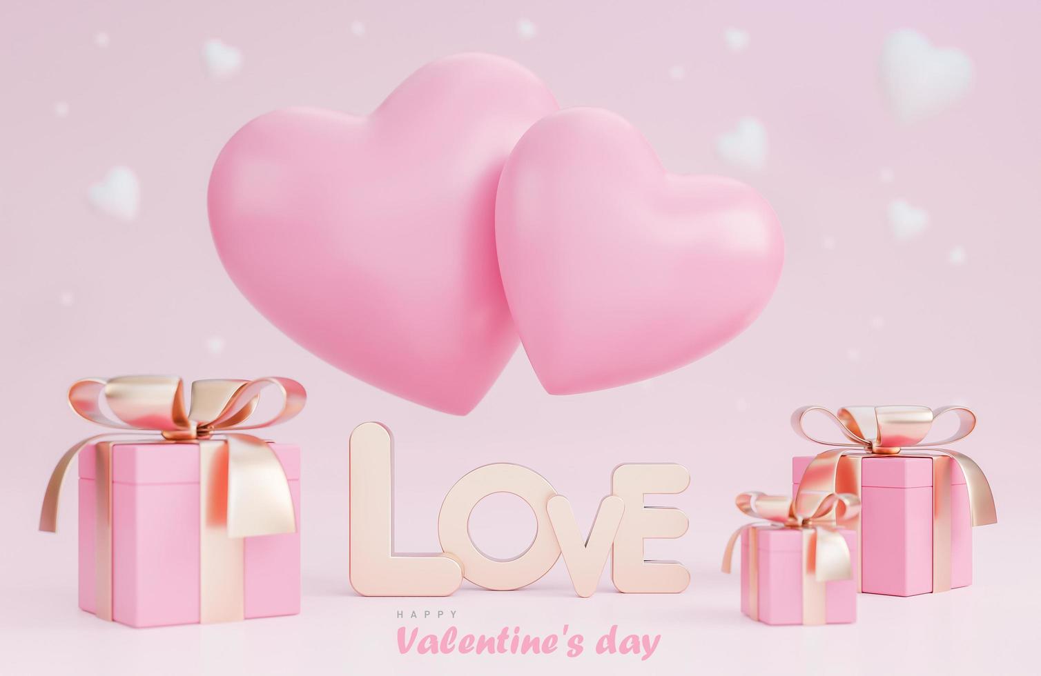 banner di buon San Valentino con cuori 3d, confezione regalo e romantiche decorazioni di San Valentino su sfondo rosa.,Modello 3d e illustrazione. foto