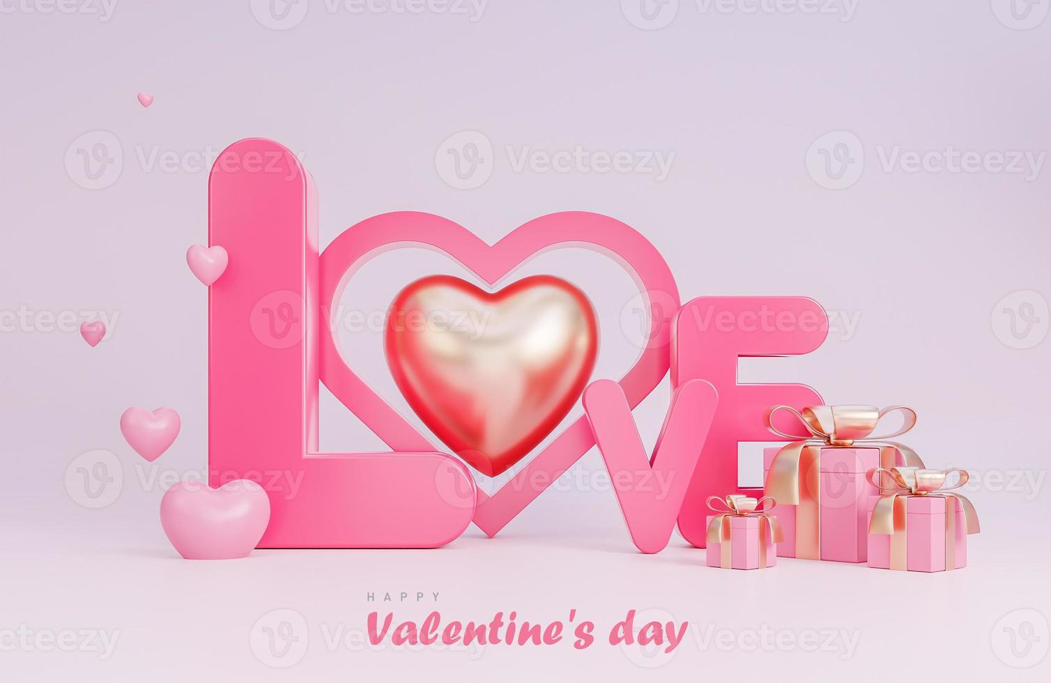 Buon San Valentino banner con testo amore oggetti 3d su sfondo rosa.,Modello 3d e illustrazione. foto