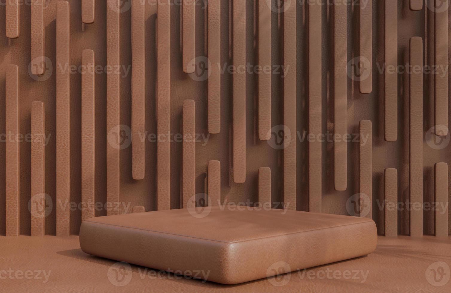 podio in pelle marrone per la presentazione del prodotto sullo stile di lusso del fondo della parete in pelle marrone.,Modello 3d e illustrazione. foto