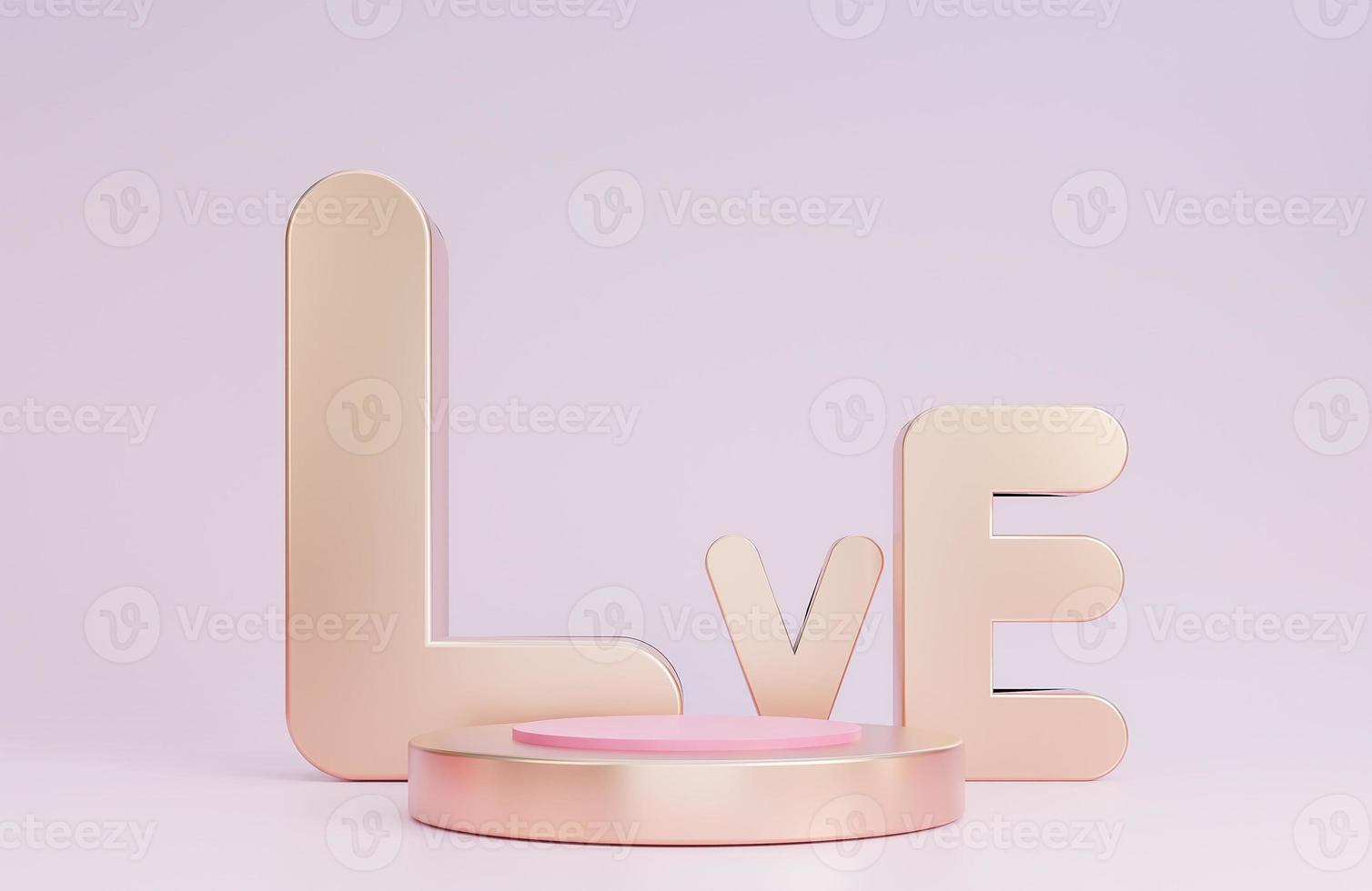 Buon San Valentino banner con podio per la presentazione del prodotto e amore 3d oggetti su sfondo rosa.,Modello 3d e illustrazione. foto