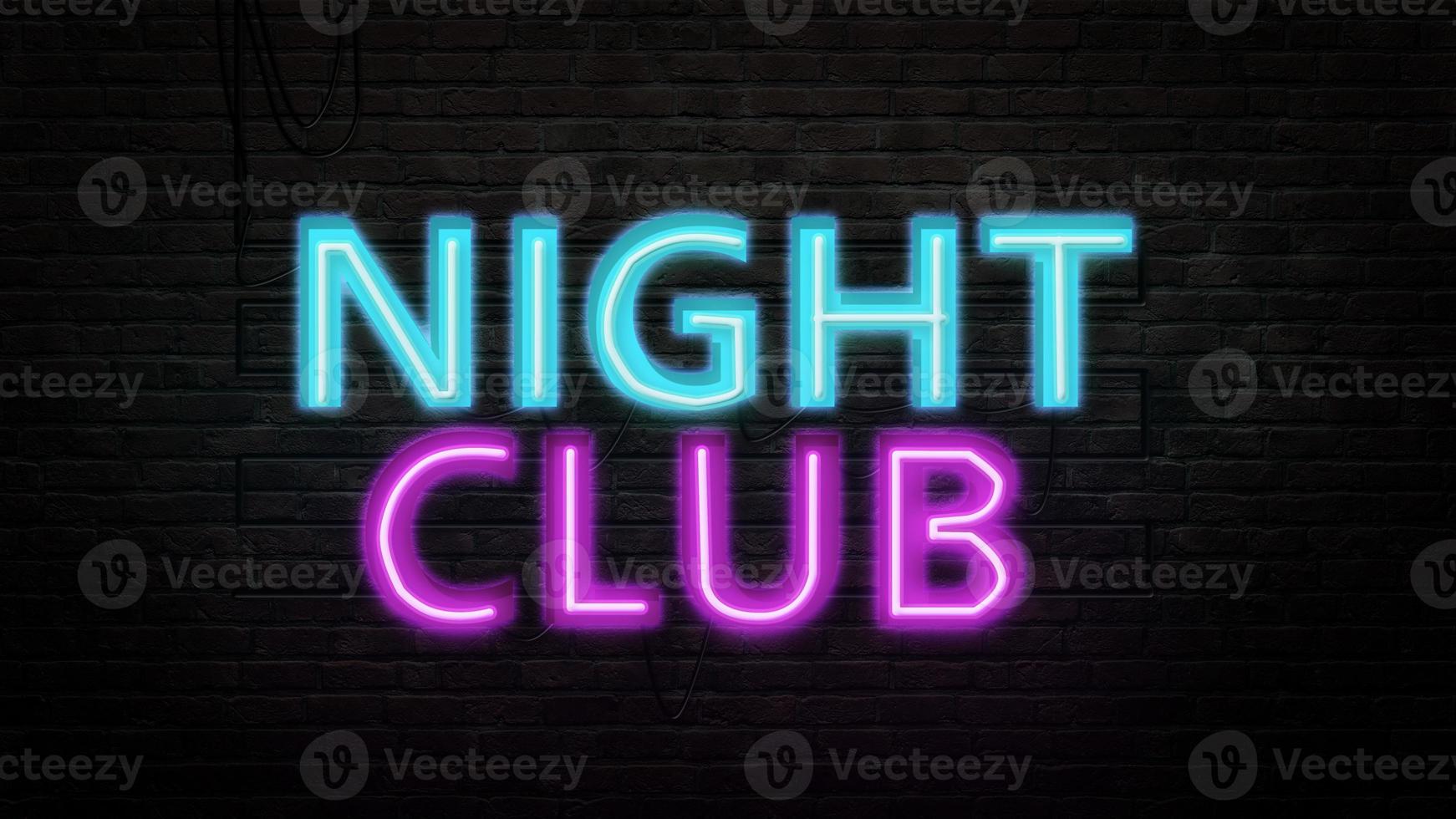 emblema del segno del night club in stile neon su sfondo muro di mattoni foto