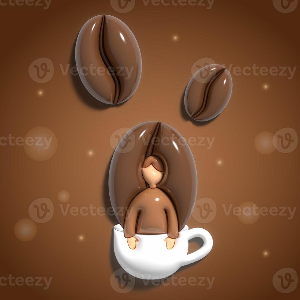 uomo in tazza di caffè e chicchi di caffè caffè del mattino concetto tazza di caffè 3d illustrazione foto