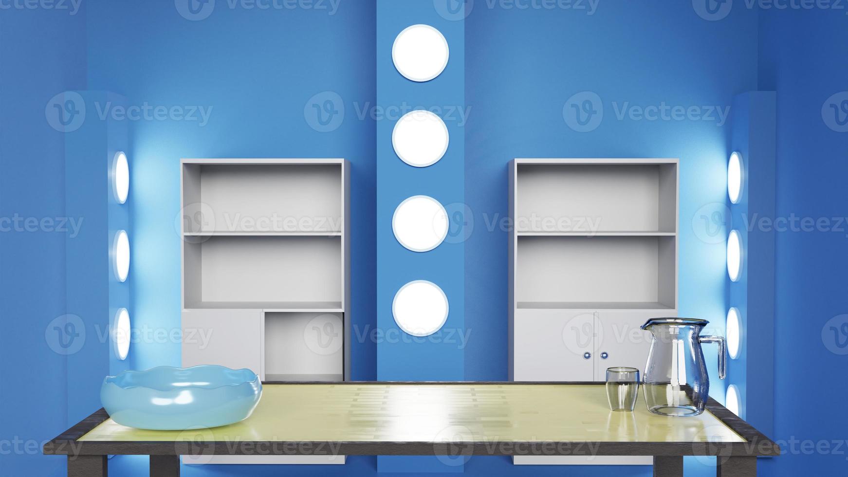 Rendering 3d cucina vuota all'interno del modello di parete blu pastello foto