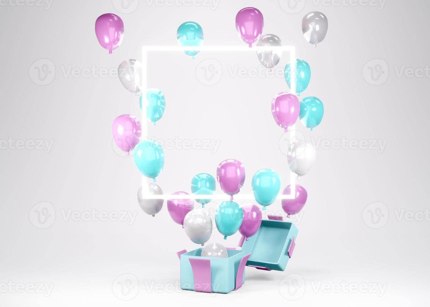 Rendering 3d palloncino blu rosa galleggiante dalla confezione regalo con spazio per il testo sullo sfondo concetto di rivelazione di genere, matrimonio, compleanno, modello di biglietto d'invito per feste. foto