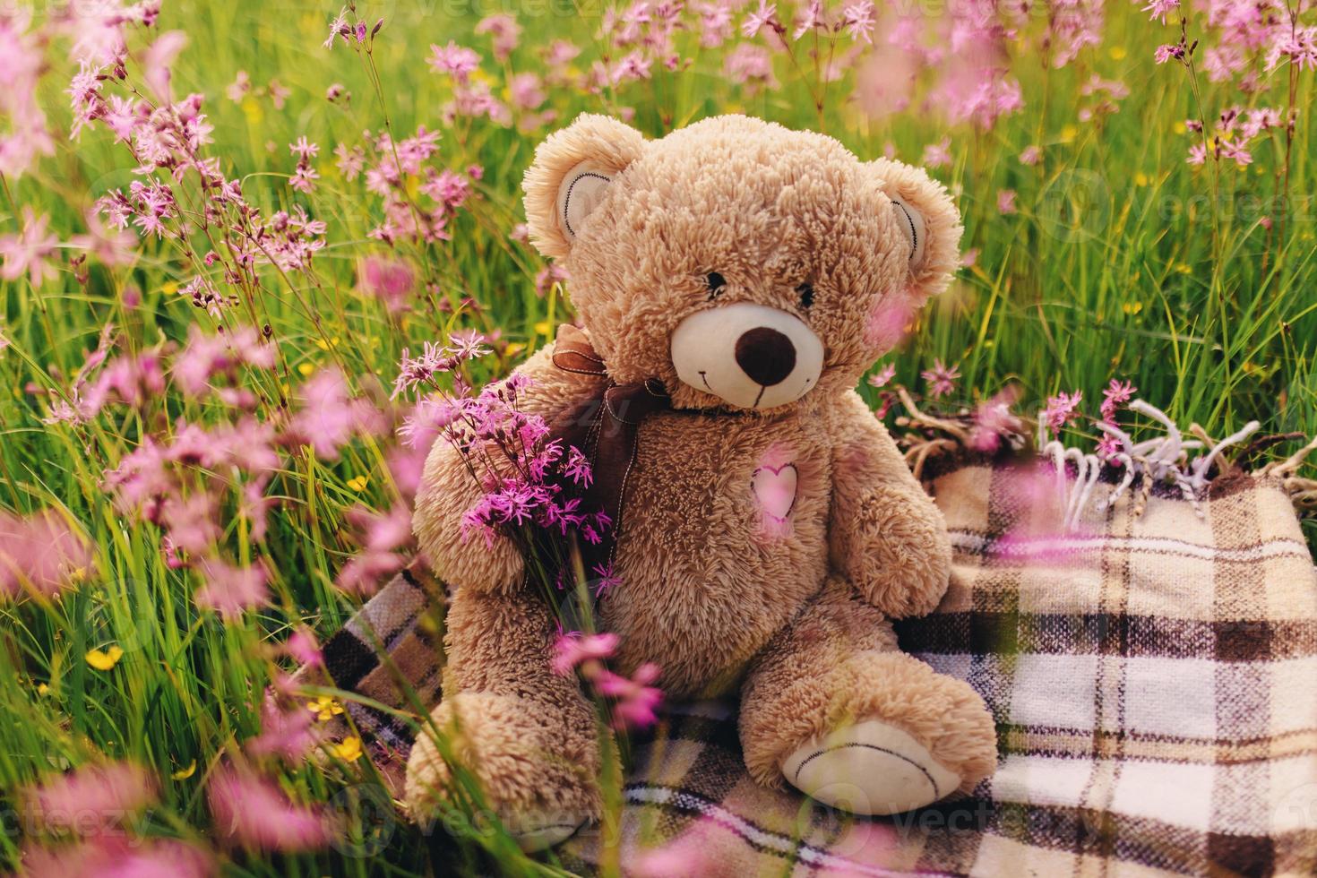 orsacchiotto e un mazzo di fiori lilla. borsa giocattolo con un mazzo di fiori. fiori di primavera foto