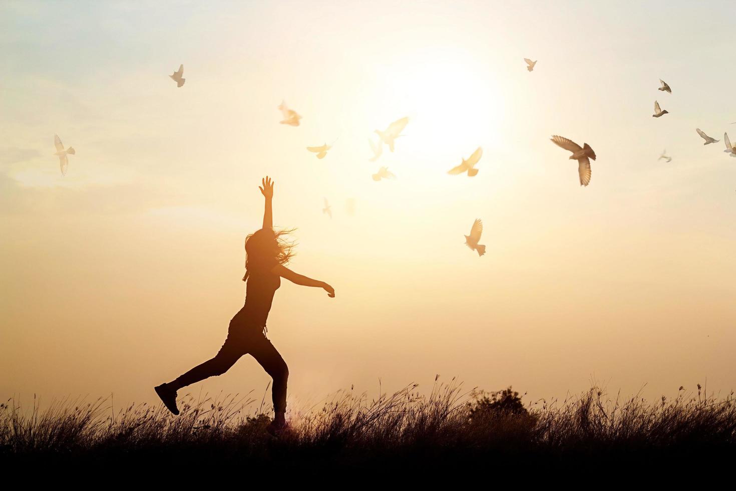 donna e uccelli in volo che si godono la vita in natura sullo sfondo del tramonto foto